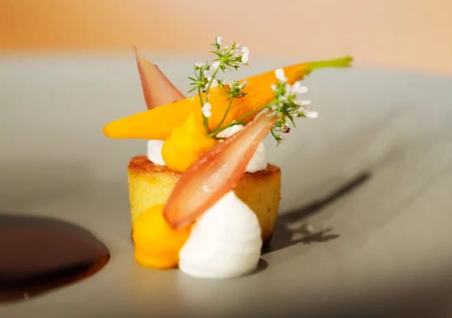 Chickpea, carrot and yogurt paired with lamb loin dish at Course Restaurant